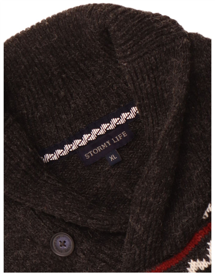 Vintage hombres chal cuello jumper suéter medio gris Fair Isle