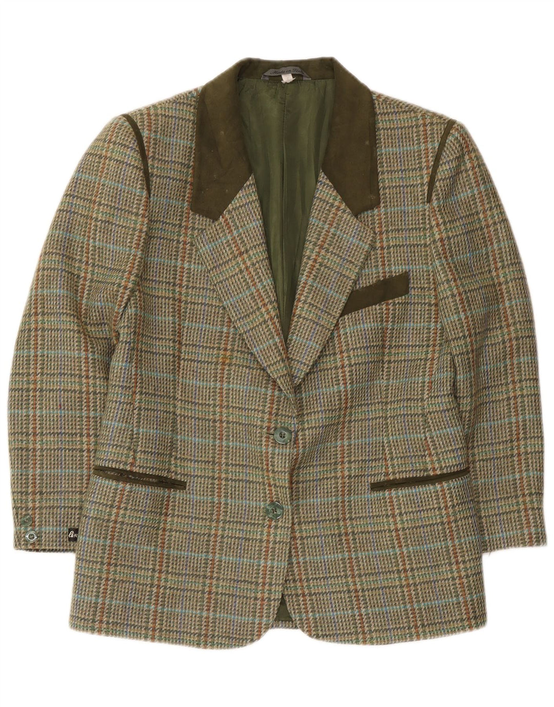 Vintage mujer 2 botones Blazer chaqueta IT 46 lana de pata de gallo verde grande