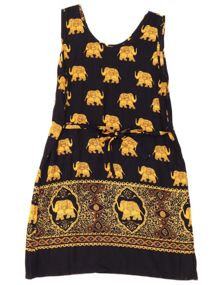 VINTAGE Vestido de verano sin mangas para mujer Reino Unido 12 Algodón con estampado animal negro mediano
