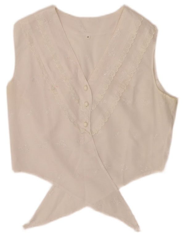 Vintage mujer crop front tie camisa blusa Reino Unido 12 medio blanco floral