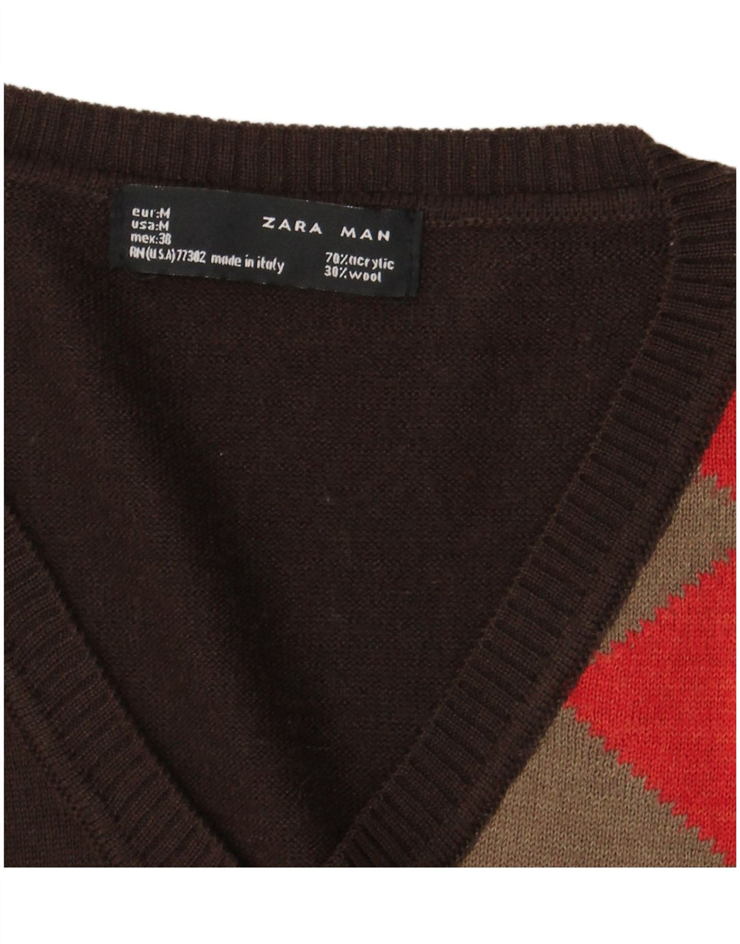 Zara Hombre Jersey Con Cuello En V Marrón Medio Argyle/Diamond