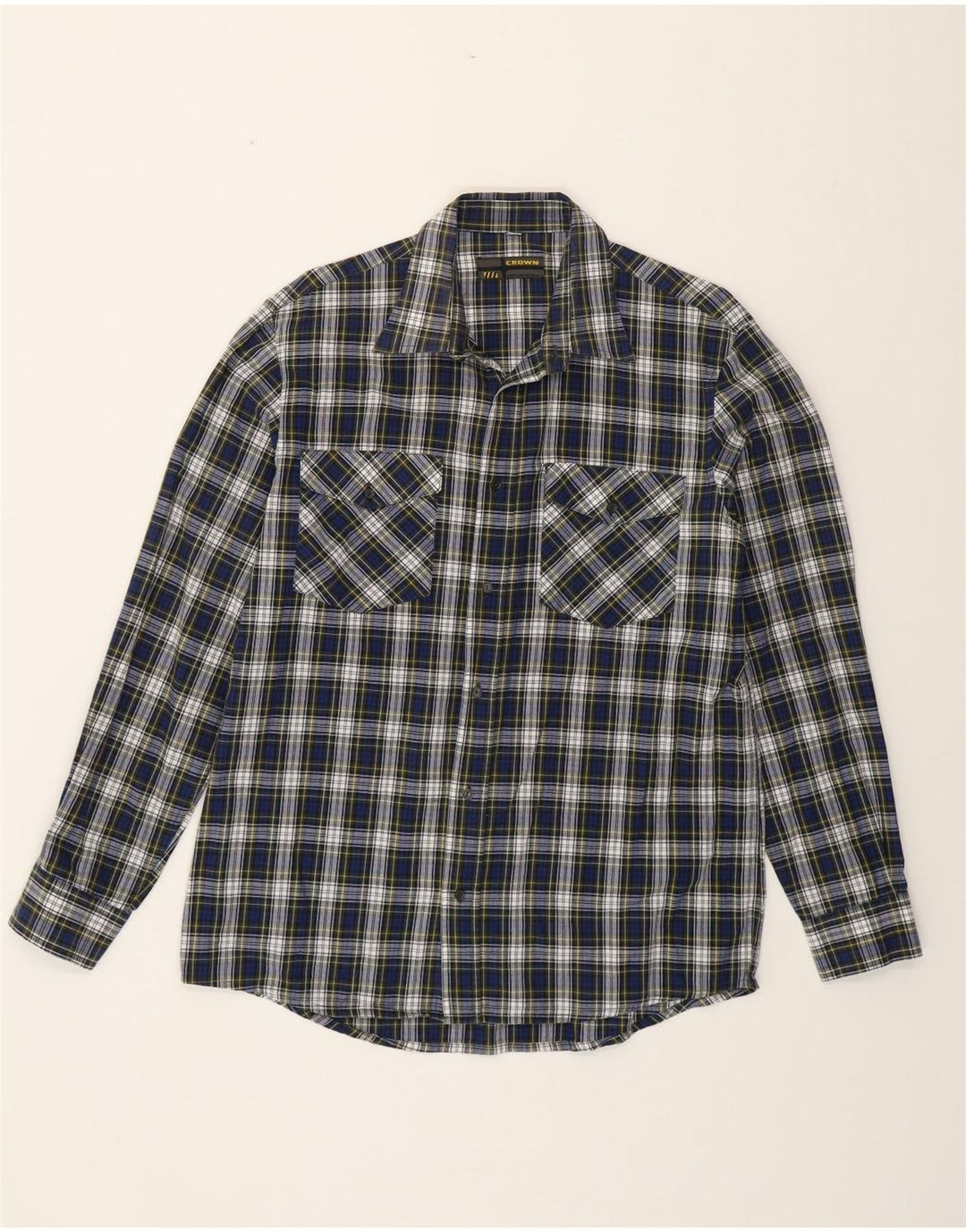 CROWN Camisa de franela para hombre Talla 42 Algodón a cuadros azul marino grande