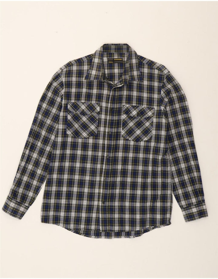 CROWN Camisa de franela para hombre Talla 42 Algodón a cuadros azul marino grande