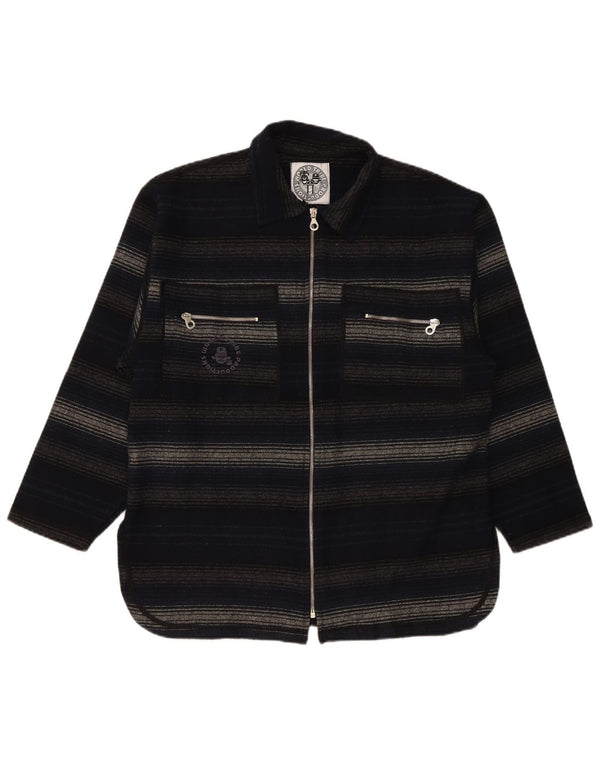 Vintage hombres sobrecamisa camisa mediana azul marino rayas acrílico
