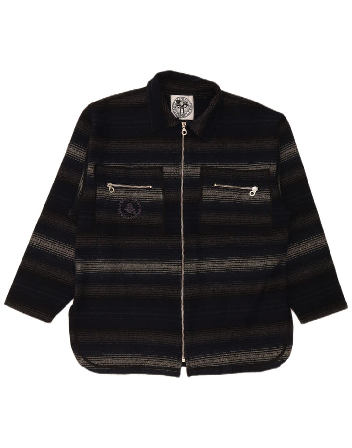 Vintage hombres sobrecamisa camisa mediana azul marino rayas acrílico
