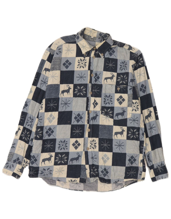 Vintage hombres franela camisa mediana azul marino Fair Isle