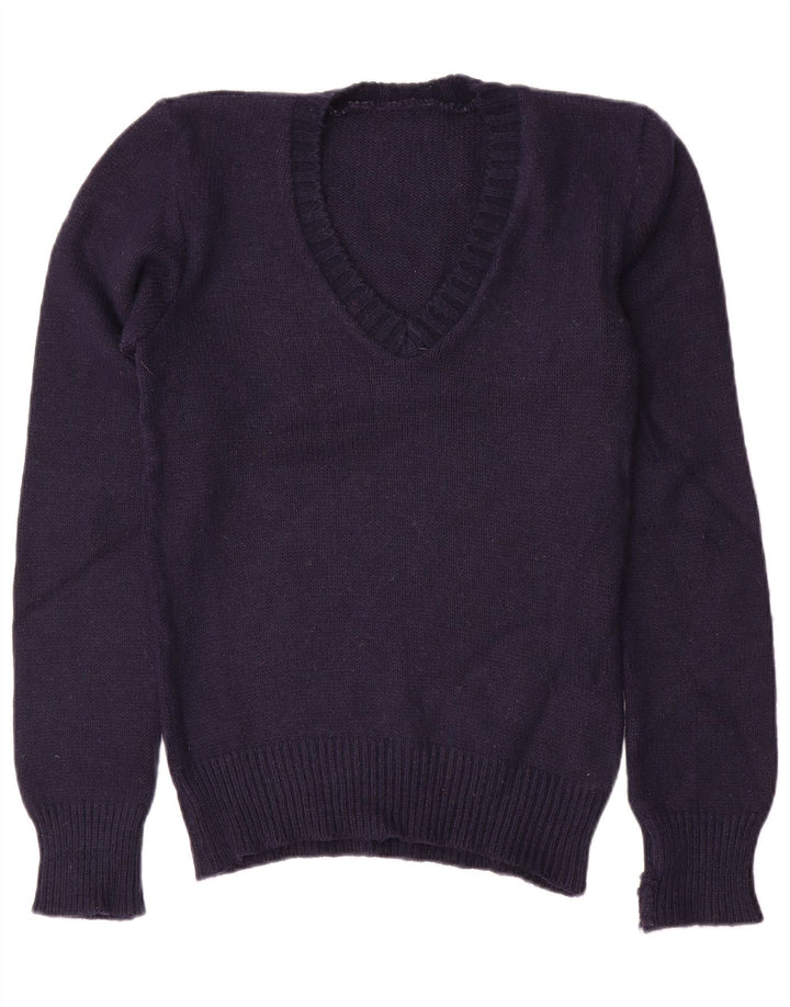 VINTAGE Mujer V-Cuello Jumper Suéter Reino Unido 10 Pequeño Azul Marino