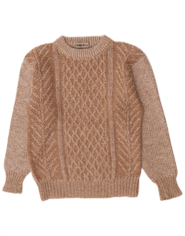Vintage hombres regular fit cuello redondo jersey suéter medio marrón geométrico