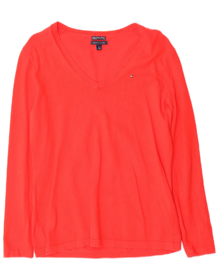 Tommy Hilfiger Suéter con cuello en V para mujer UK 12 Algodón rojo mediano