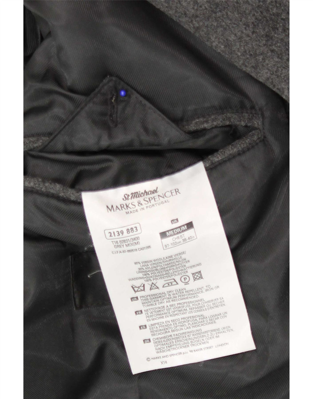Marks & Spencer Abrigo cruzado para hombre UK 38 Lana virgen gris medio