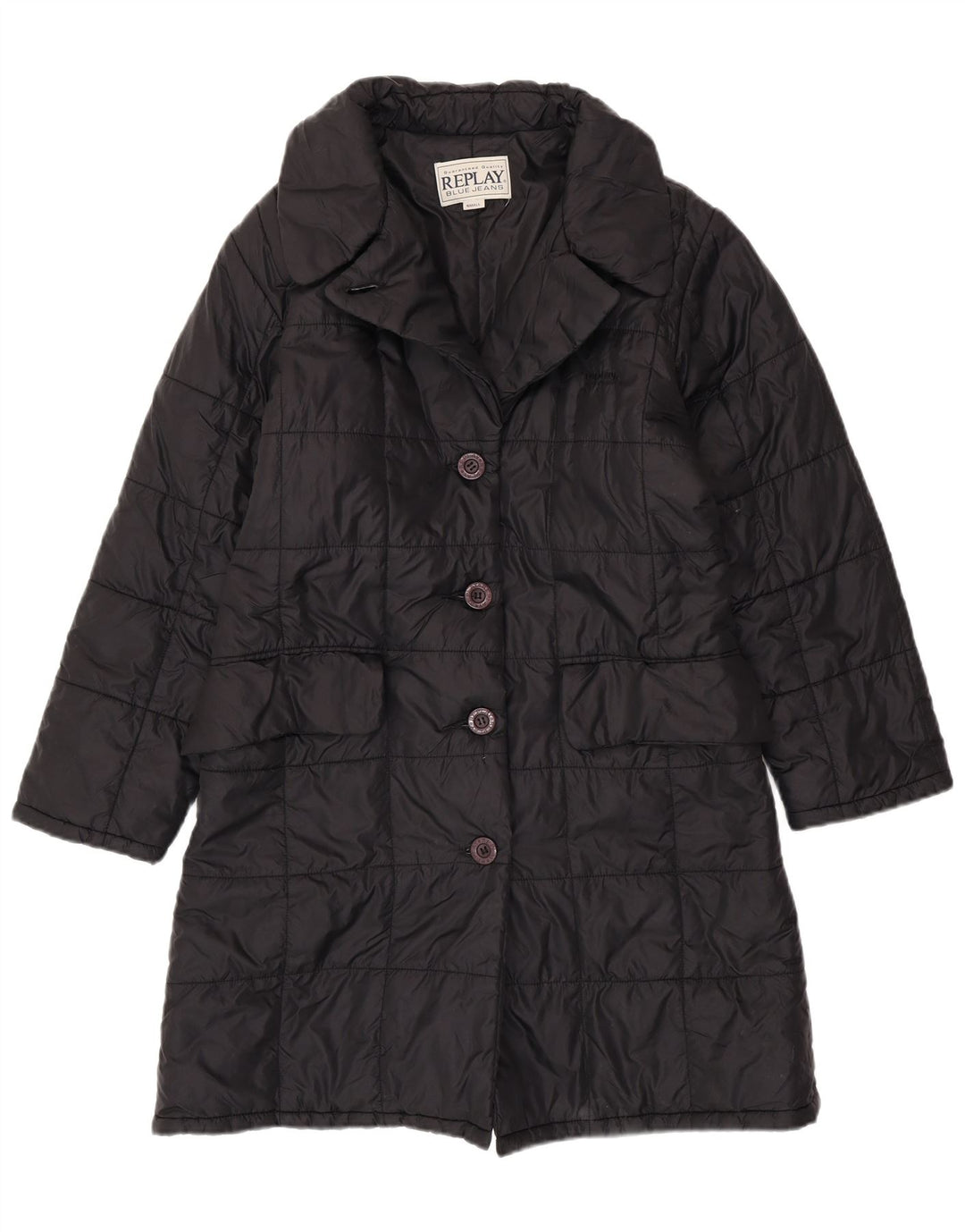 REPLAY Abrigo acolchado holgado para mujer UK 10 Small Poliéster negro