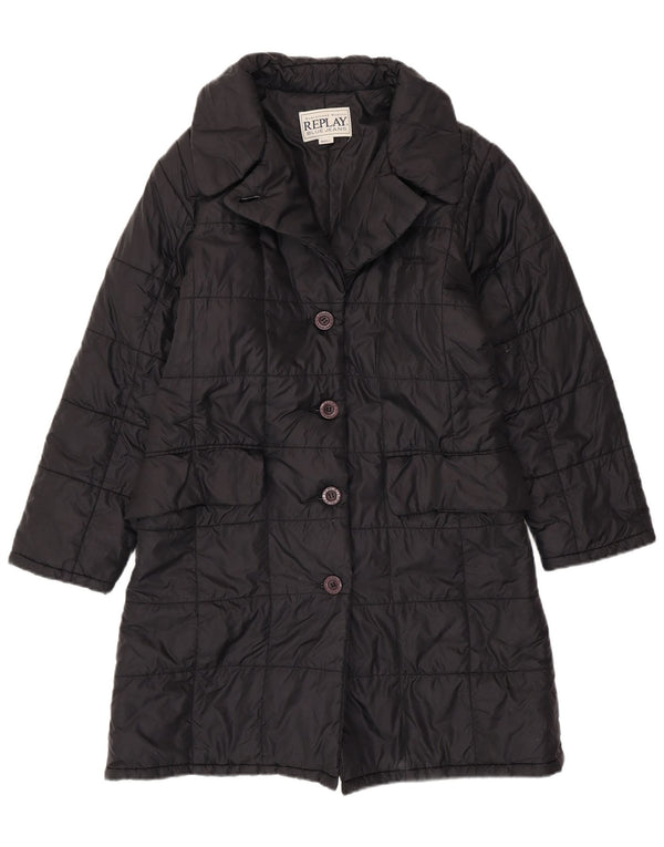 REPLAY Abrigo acolchado holgado para mujer UK 10 Small Poliéster negro