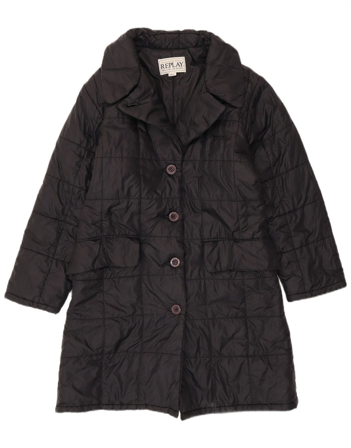 REPLAY Abrigo acolchado holgado para mujer UK 10 Small Poliéster negro