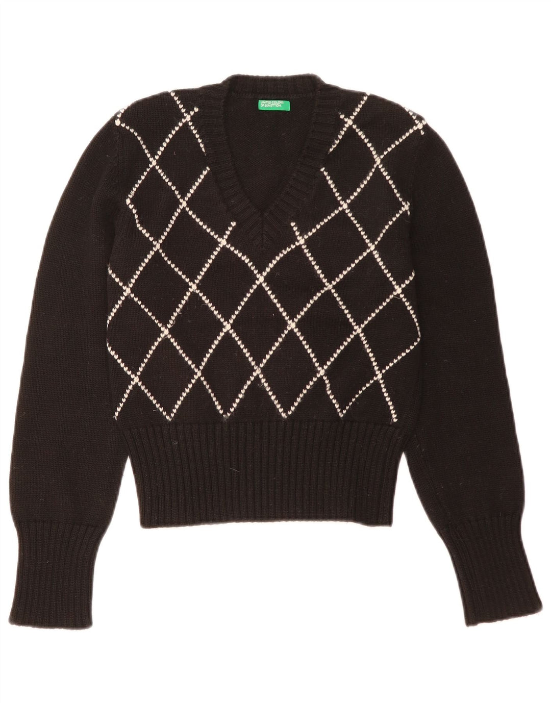 Benetton Jersey Con Cuello En V Para Mujer UK 42 Mediano Negro Argyle/Diamond