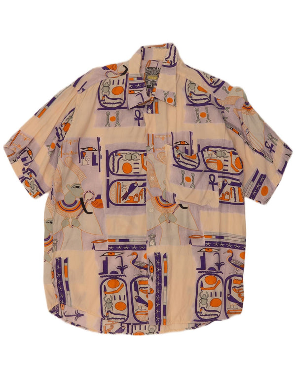 Vintage Mens Graphic Short Sleeve Shirt Large Beige Viscose