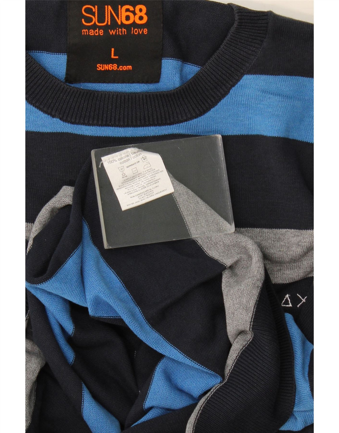 Sun68 Jersey de Cuello Redondo para Hombre de algodón a Rayas Azul Grande