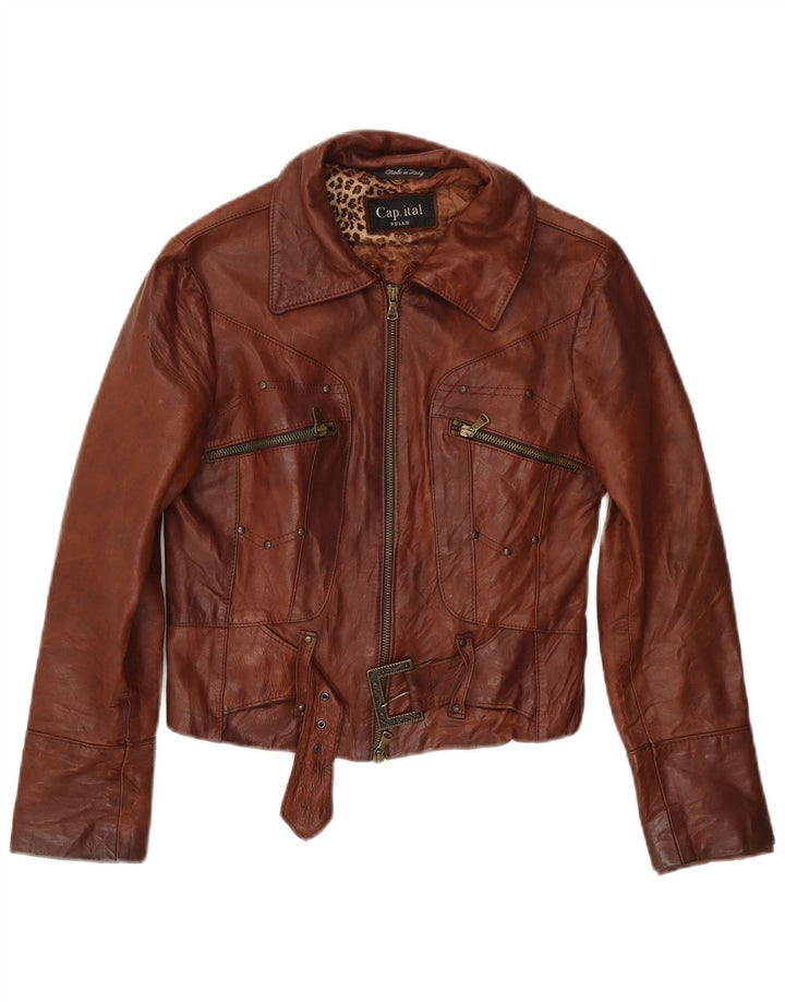 CAPITAL Chaqueta de cuero corta para mujer UK 10 Small Brown Leather