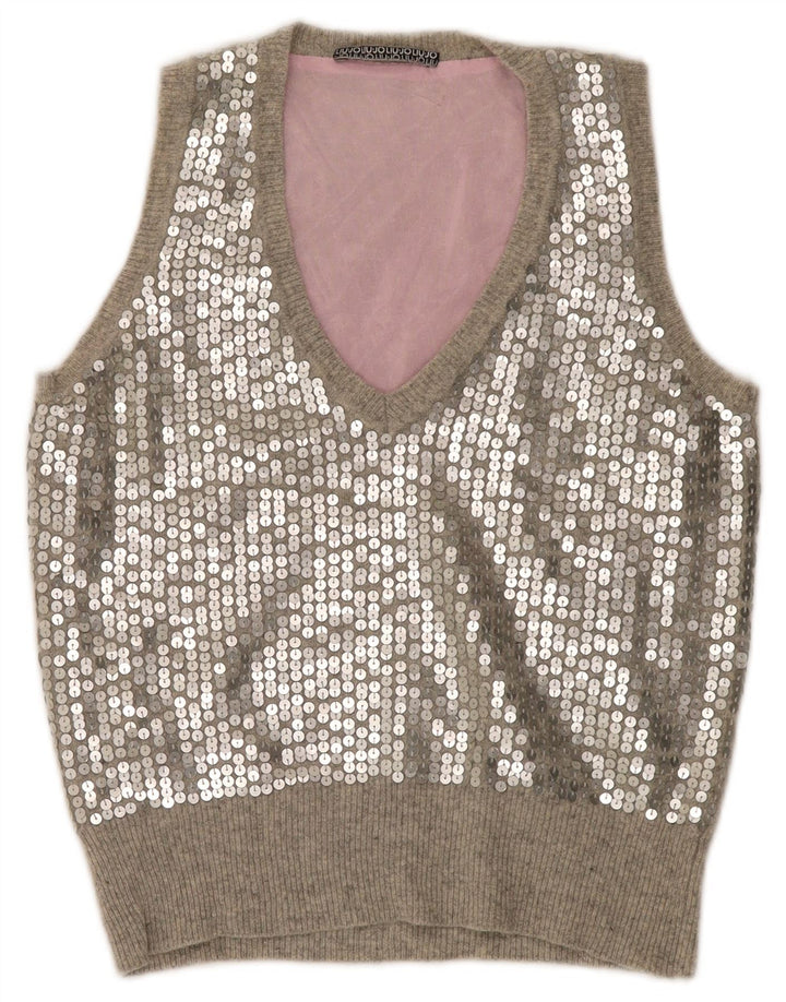 Liu Jo Mujer Crop Lentejuelas Chaleco Tank Top IT 42 Lana Gris Medio