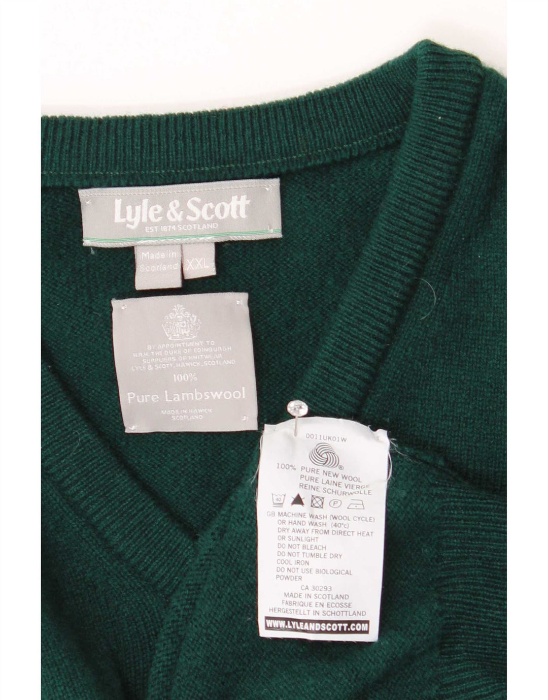 Lyle & Scott Jersey con cuello en V para hombre, talla 2XL, lana verde