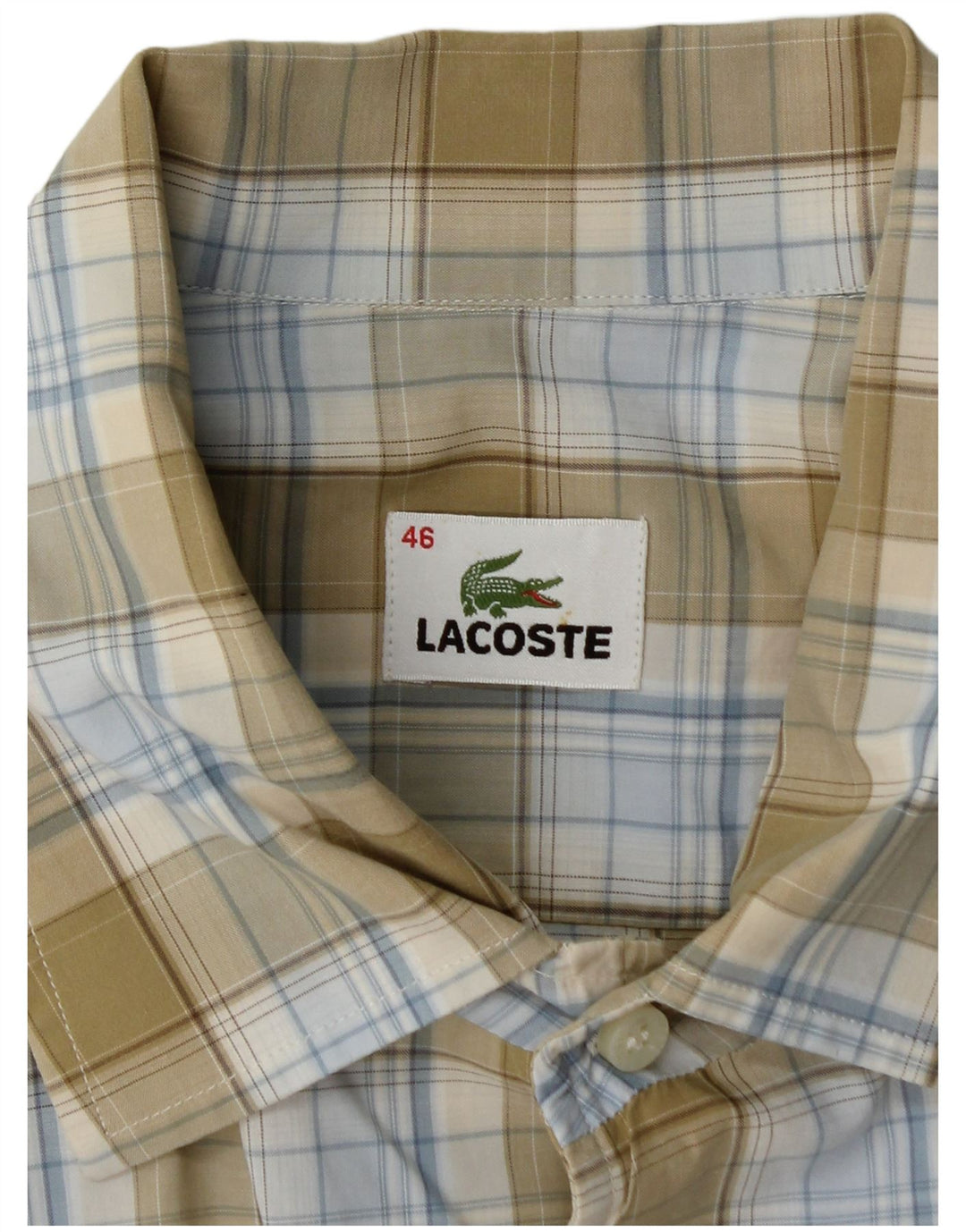 LACOSTE Camisa de manga corta para hombre Talla 46 2XL Cuadros caqui