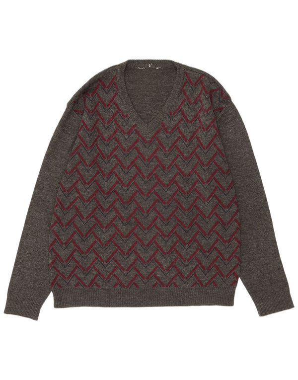 Vintage Mens V-Neck Jumper Sweater Medium Grey Argyle/Diamond Acrylic