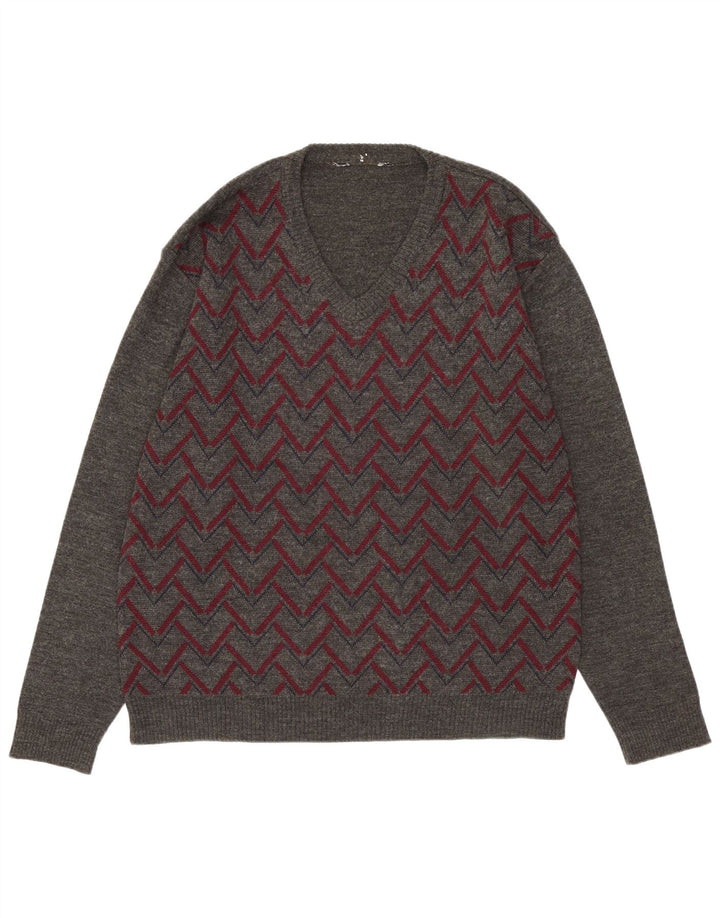 Vintage hombres V-cuello jumper suéter medio gris Argyle/Diamond acrílico