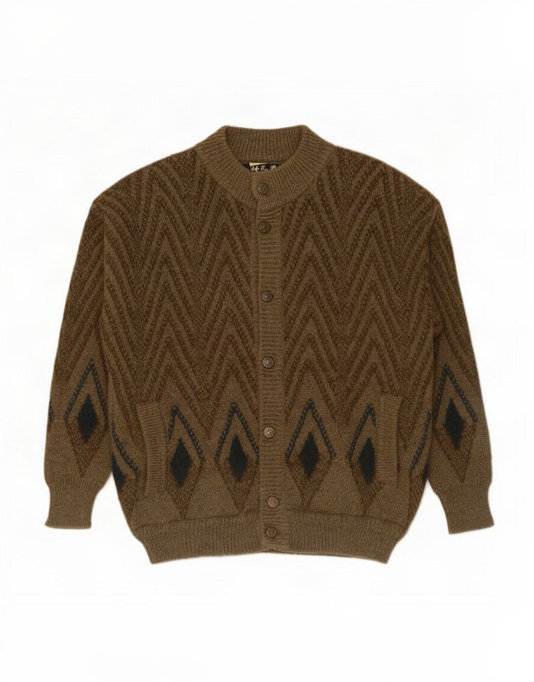 Vintage hombres Cardigan suéter medio caqui lana geométrica