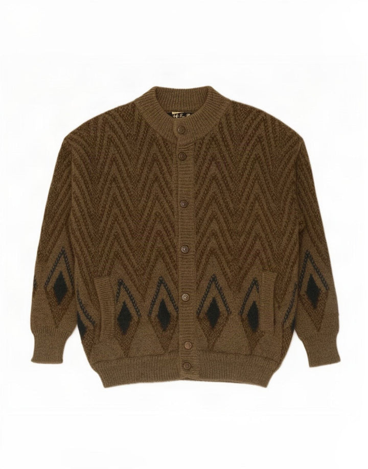 Vintage hombres Cardigan suéter medio caqui lana geométrica