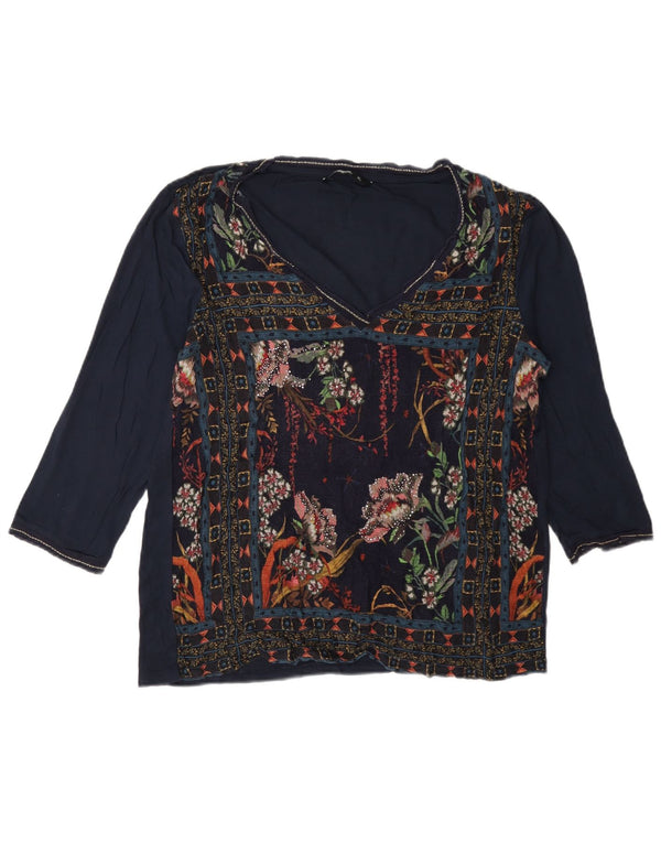 Desigual Top gráfico para mujer manga 3/4 UK 18 XL Azul marino Floral