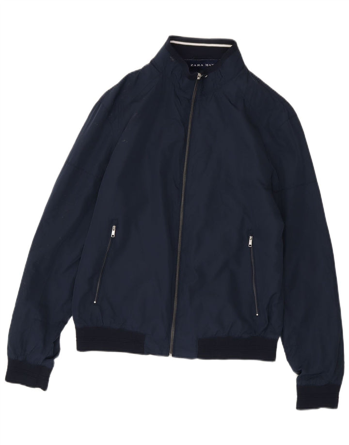 Zara Mens Bomber Jacket UK 40 Grande Azul Marino Poliéster