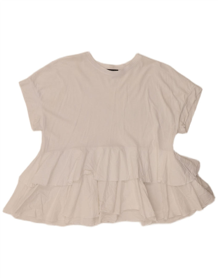 Zara Blusa con volantes en la parte delantera para mujer UK 10 Small White Cotton