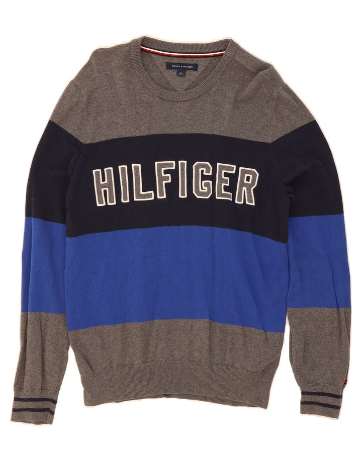 TOMMY HILFIGER Mens Crew Neck Jumper Sweater Medium Grey Colourblock Vintage Tommy Hilfiger and Second-Hand Tommy Hilfiger from Messina Hembry 