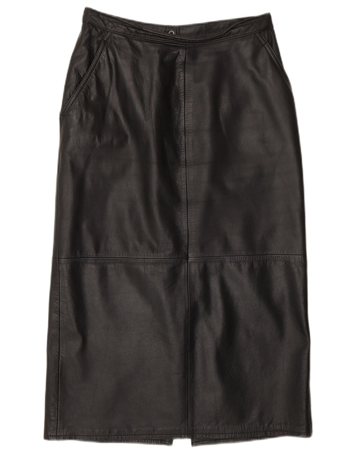 VINTAGE Falda de cuero para mujer Reino Unido 10 Pequeño W26 Cuero Negro