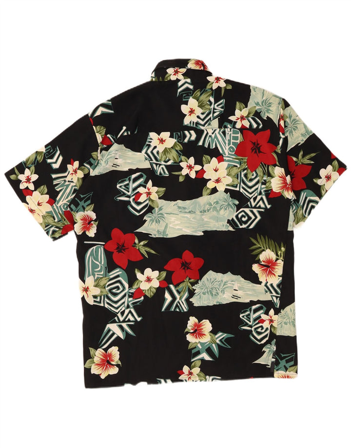 Vintage hombres camisa de manga corta pequeño negro floral poliéster hawaiano