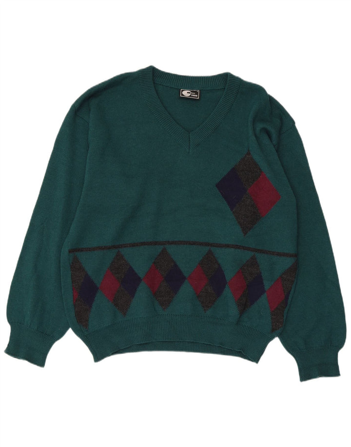 Vintage mujer V-cuello jersey suéter IT 50 XL verde Argyle/diamante lana