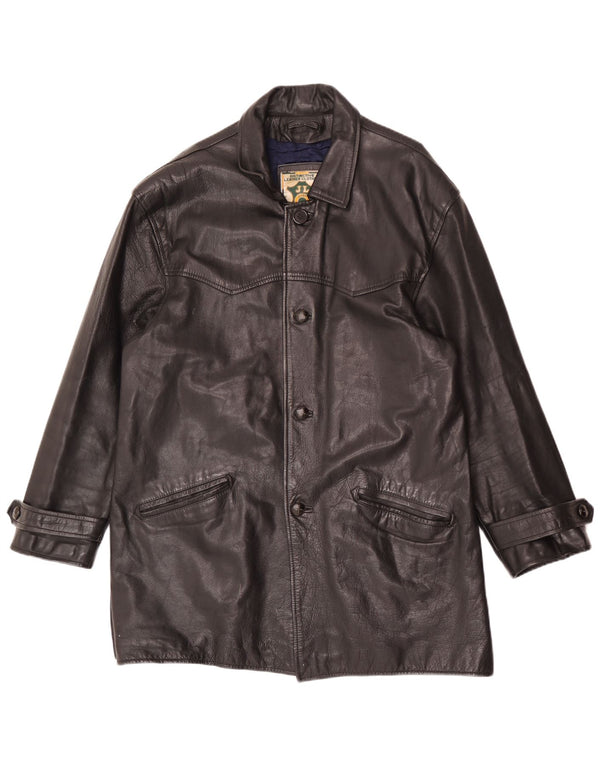 Vintage hombres suelto ajuste cuero abrigo Reino Unido 38 cuero negro medio