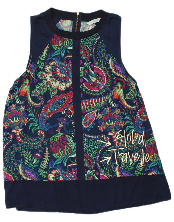 Desigual Blusa sin mangas gráfica para mujer Top UK 10 Small Navy Blue Paisley
