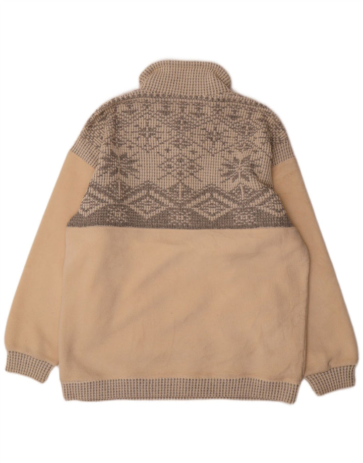 Vintage hombres zip cuello polar jumper grande beige fair isle poliéster