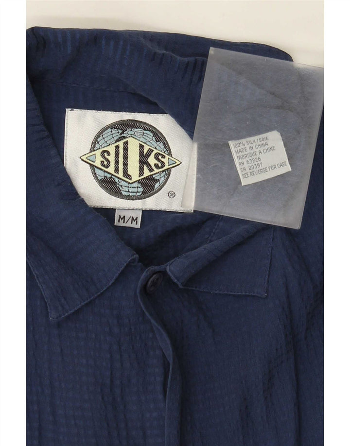 Camisa vintage de manga corta para hombre de seda azul marino medio