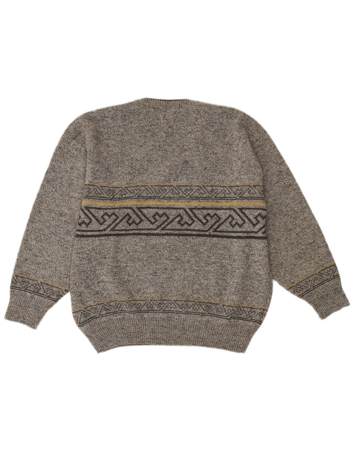 VINTAGE Jersey con cuello en V para hombre IT 52 Lana geométrica gris grande