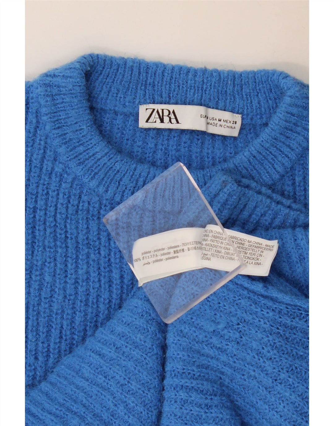 Zara - Jersey corto con cuello redondo para mujer, talla 40, poliéster azul medio