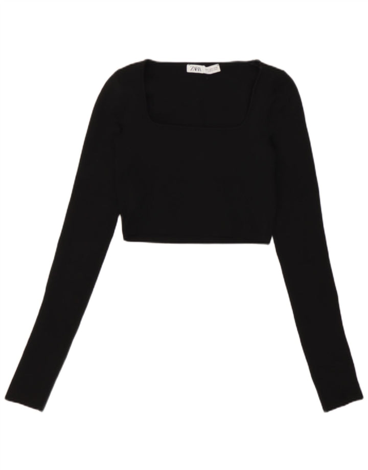 Zara Mujer Crop Top Manga Larga UK 8 Small Negro