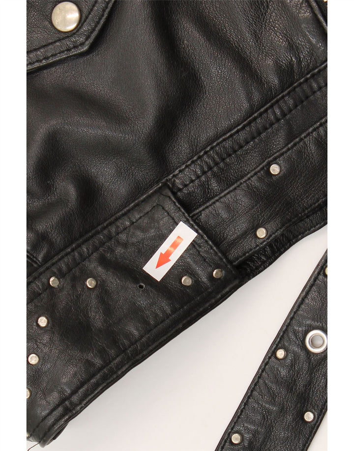 Vintage mujer crop cuero biker chaqueta Reino Unido 12 cuero negro medio