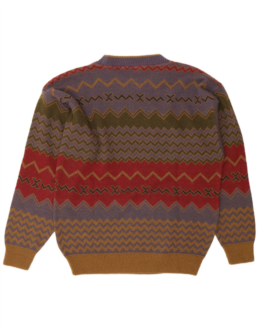 Vintage hombres cuello redondo jersey suéter pequeño multicolor Chevron acrílico