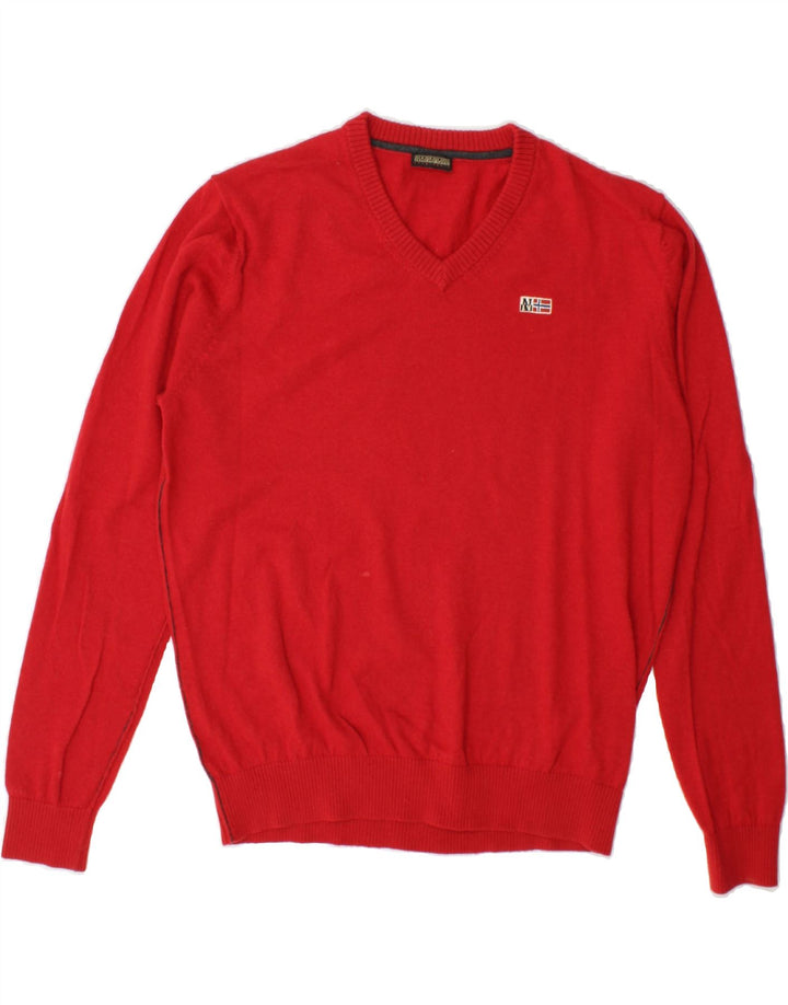 NAPAPIJRI Mens V-Neck Jumper Sweater Large Red Wool Vintage Napapijri and Second-Hand Napapijri from Messina Hembry 
