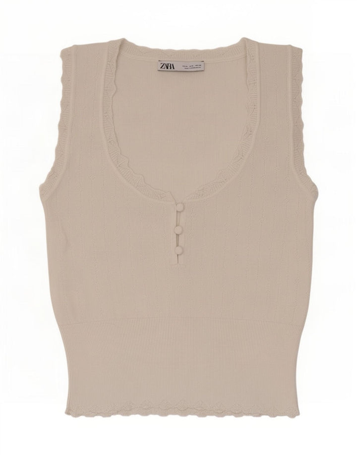 Zara Mujer Chaleco Top UK 12 Medio Viscosa Blanca