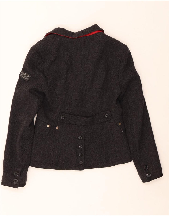 SUPERDRY Chaqueta tipo blazer de 2 botones para mujer UK 40 Lana en espiga gris medio