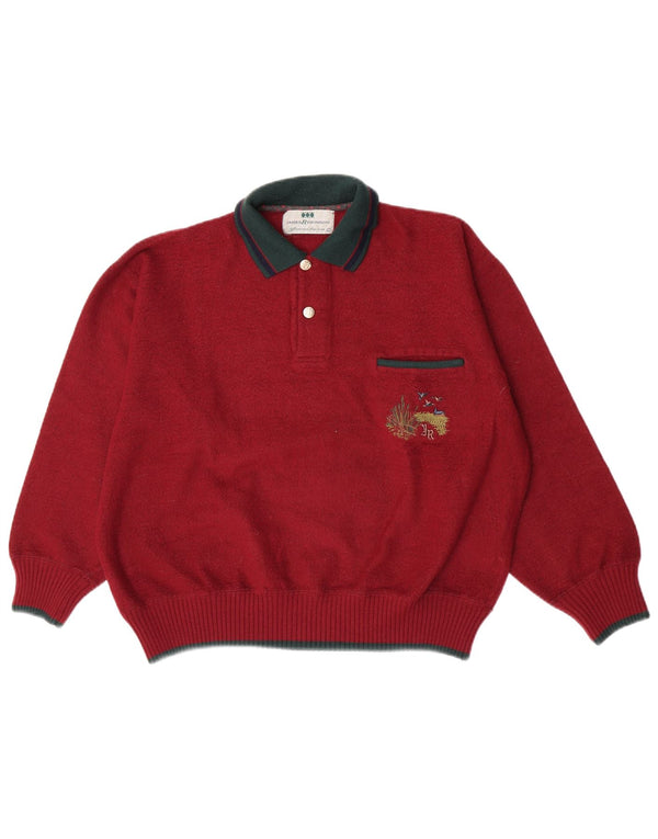Vintage hombres polo cuello jersey suéter grande burdeos colorblock lana