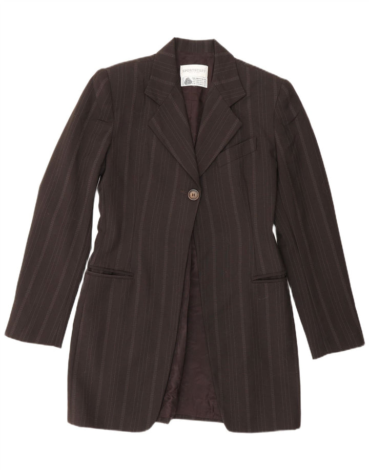 Sportstaff Chaqueta tipo blazer larga con 1 botón para mujer, talla 40, talla pequeña, color marrón, a rayas