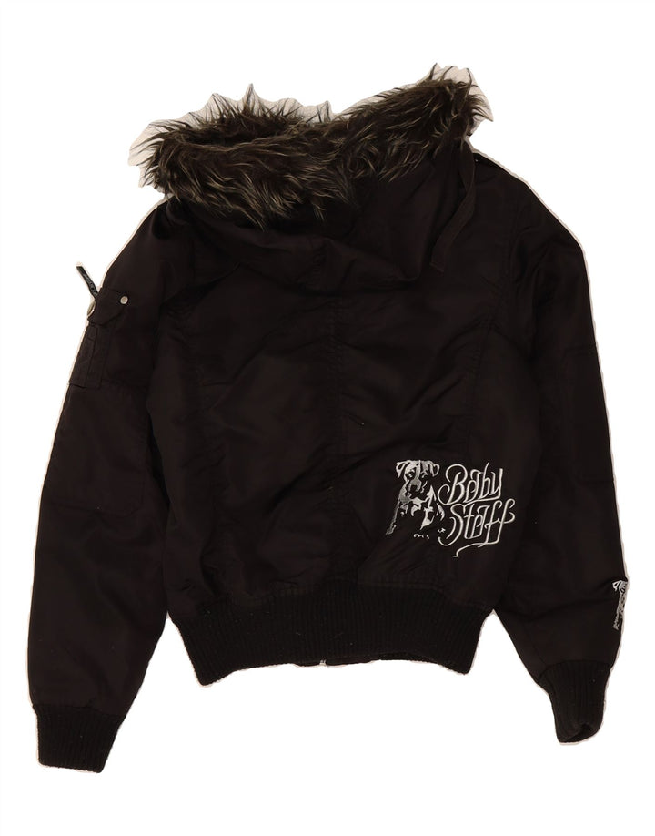VINTAGE Chaqueta bomber con capucha gráfica para mujer Reino Unido 14 Nylon negro mediano